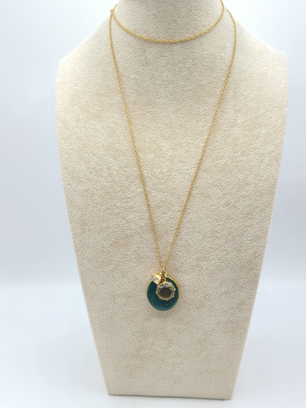 J Crew Green Enamel Locket Gold Tone Long Chain with Crystals
